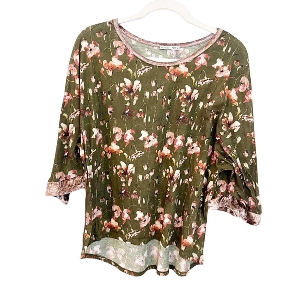 Zara‎ W Collection B Olive Green Floral 3/4 Sleeve Top Velvet Trim Large